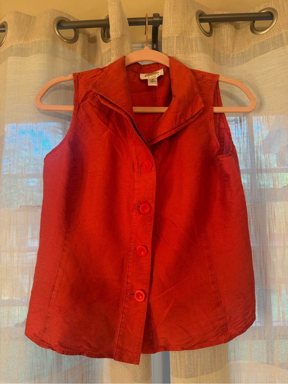 Red Sleeveless Pure Silk Button Front Top